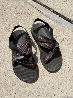 Chaco Black/Gray Sandals with Orange Stitch Detailing Men US 8, EUR 42